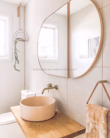 ORTONBATH, nuevo diseño, baño decorativo dorado, espejo inteligente montado en la pared para el hogar, espejo artístico de diseño para baño con estante